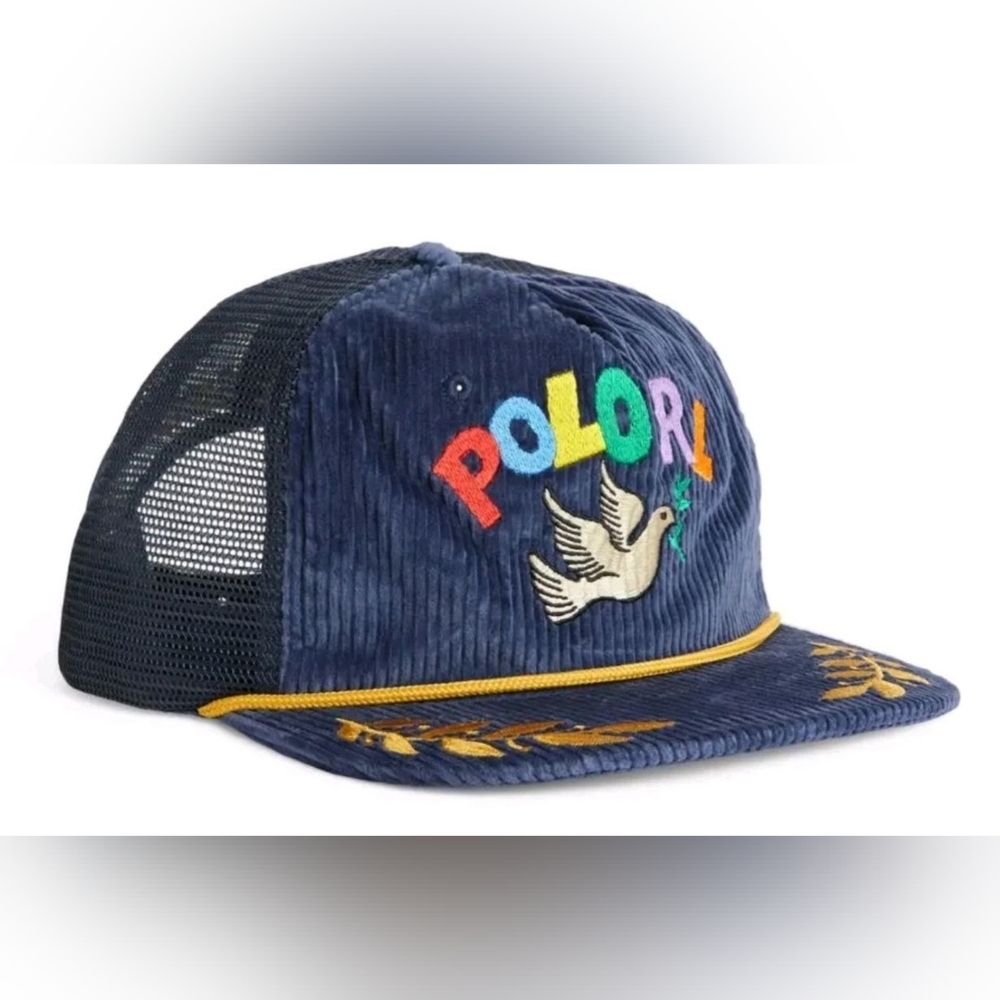 Polo Ralph Lauren Navy Corduroy PEACE LOVE DOVE Trucker Baseball Cap Hat - Picture 8 of 9
